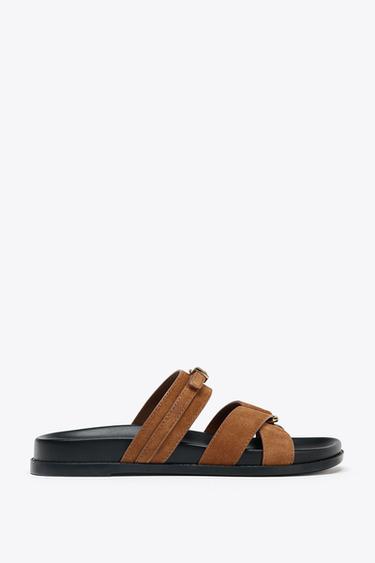 SPLIT SUEDE CROSS STRAP SANDALS - Dark tan by Zara