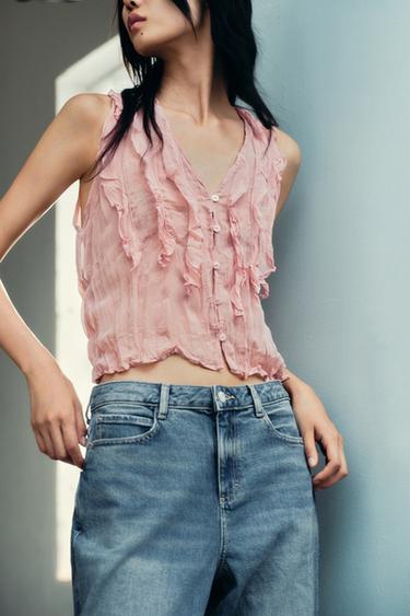 SEMI-SHEER RUFFLED TOP - Pink by Zara