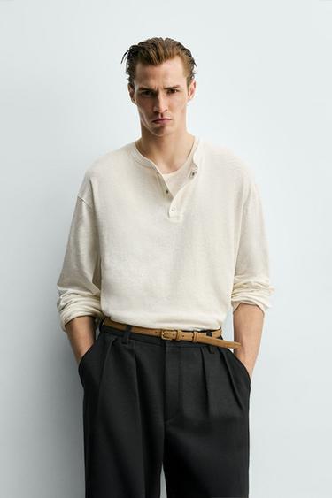 COTTON/LINEN HENLEY T-SHIRT - Oyster-white by Zara