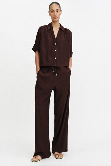 FLOWING SHORT SLEEVE SHIRT - Dark brown by Zara