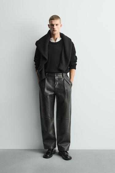 LEATHER STRAIGHT-LEG TROUSERS - Black by Zara