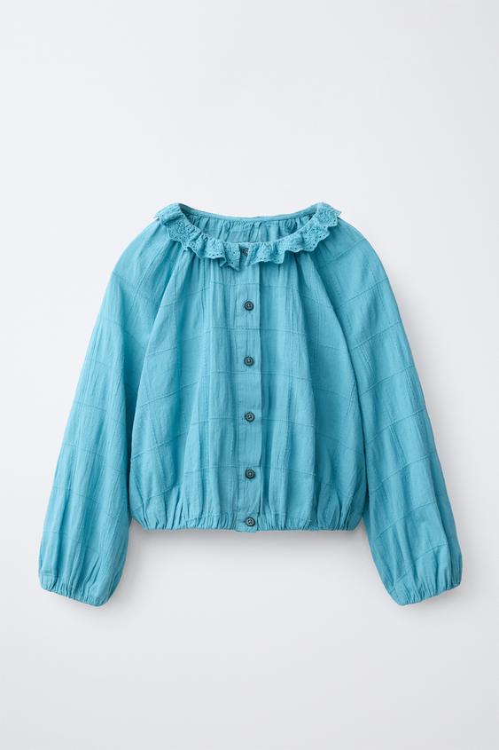 SCHIFFLI COLLAR BLOUSE - Turquoise by Zara - Image 0