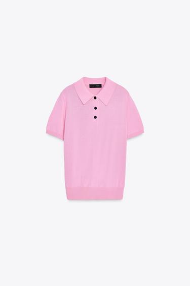 SHORT SLEEVE KNIT POLO TOP - Mid-pink by Zara