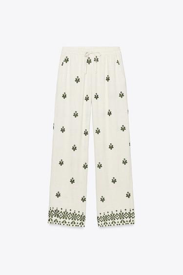 WIDE-LEG EMBROIDERED TROUSERS - ecru/khaki by Zara
