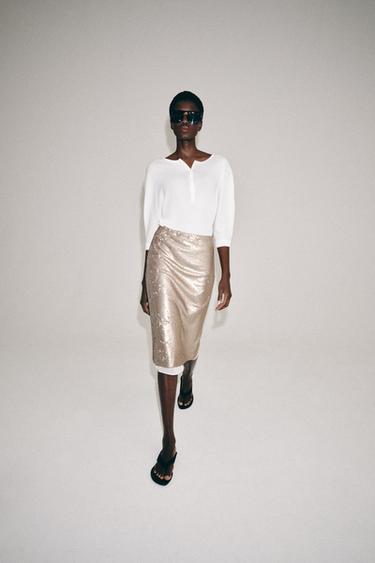 ZW COLLECTION SEQUIN MIDI SKIRT - Beige by Zara