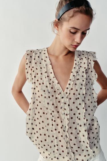 PRINTED POLKA DOT BLOUSE - Ecru / Brown by Zara