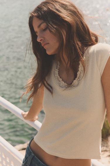 LACE POT NECK TOP - Beige-pink by Zara