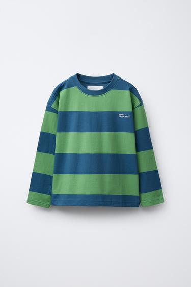 STRIPED T-SHIRT WITH EMBROIDERED TEXT - Green stripe by Zara