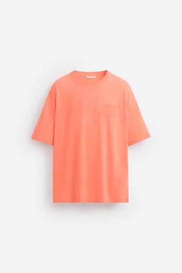 EMBROIDERED SLOGAN T-SHIRT - Neon orange by Zara