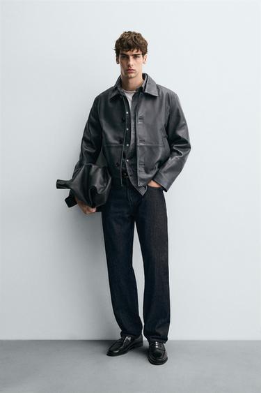 BOXY FIT LEATHER JACKET - Navy blue by Zara - Image 0