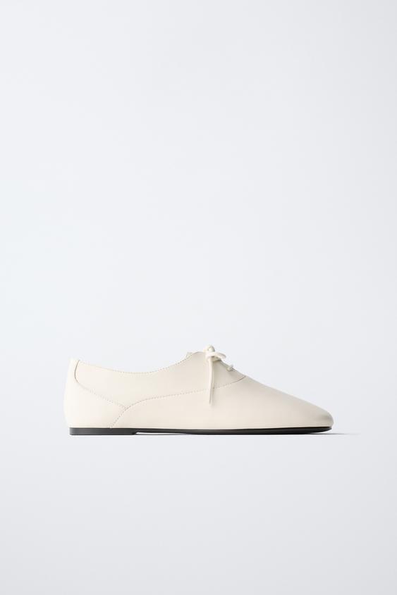 LEATHER LACE-UP DERBY SHOES - White by Zara - Image 0