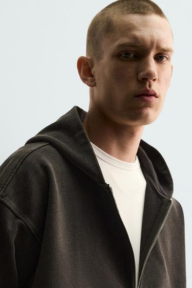WASHED ZIP-UP HOODIE - Dark brown by Zara