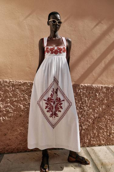 EMBROIDERED TEXTURED MIDI DRESS - Ecru by Zara