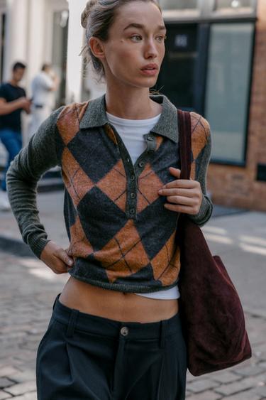 RHOMBUS KNIT POLO JUMPER - Grey by Zara