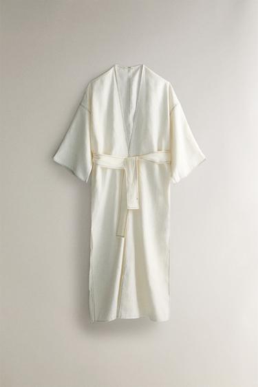 LINEN DRESSING GOWN WITH TOPSTITCHING - Ecru by Zara - Image 0