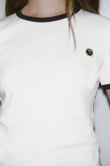 ZARA T-SHIRT WITH TRIM AND BROOCH - White by Zara