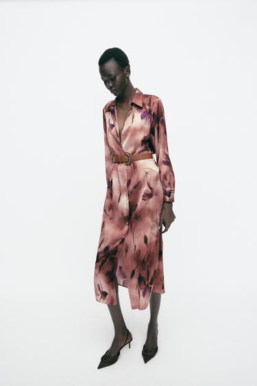PRINTED SATIN MIDI DRESS WITH BELT - Multicoloured by Zara - Image 0
