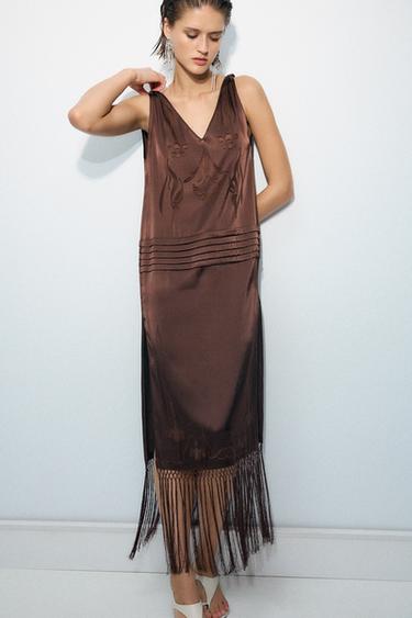 EMBROIDERED FRINGED DRESS ZW COLLECTION - Brown by Zara