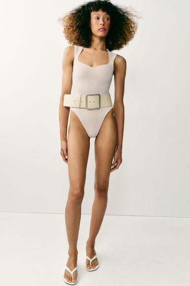STRETCH SQUARE NECK BODYSUIT - Ecru by Zara
