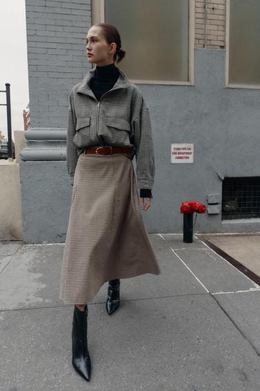 HOUNDSTOOTH CAPE BELT MIDI SKIRT - Black / Ecru by Zara