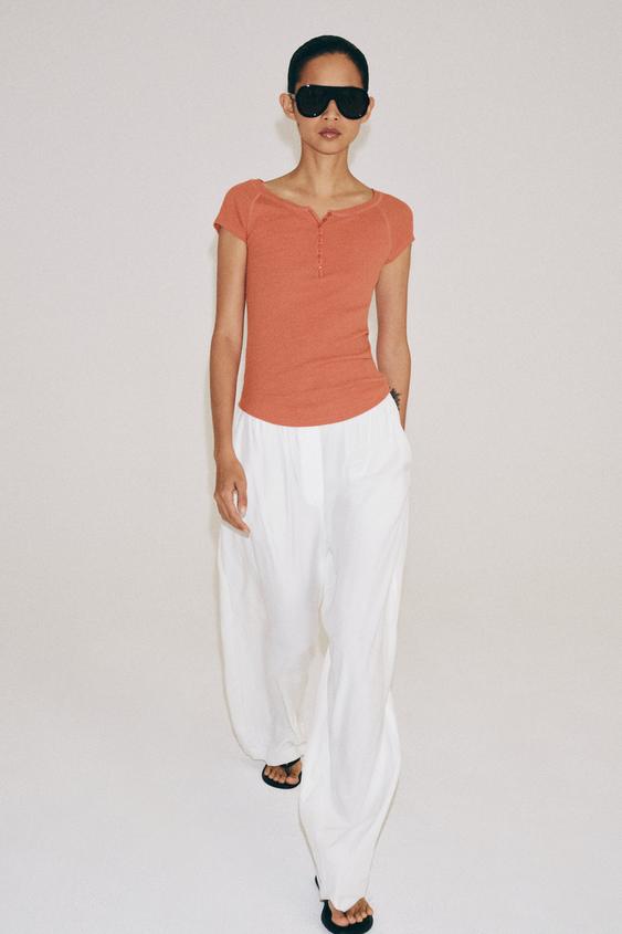 LINEN BLEND BUTTON T-SHIRT - Terracotta by Zara - Image 0