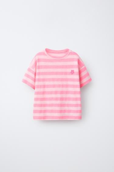 STRIPED T-SHIRT WITH FLOWER PATCH - Pink marl by Zara