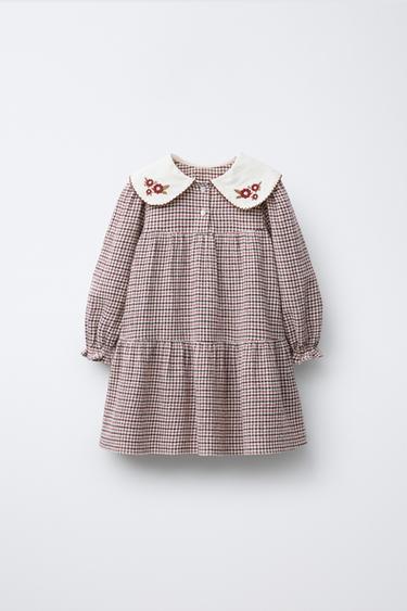 CHECK TEXTURED DRESS WITH EMBROIDERED COLLAR - Dark pink by Zara