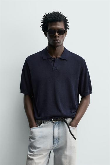 SILK/LINEN KNIT POLO SHIRT - Dark navy by Zara