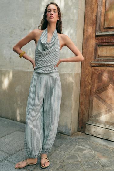 STRIPED LINEN BLEND SAROUEL JUMPSUIT - Brown-Blue by Zara