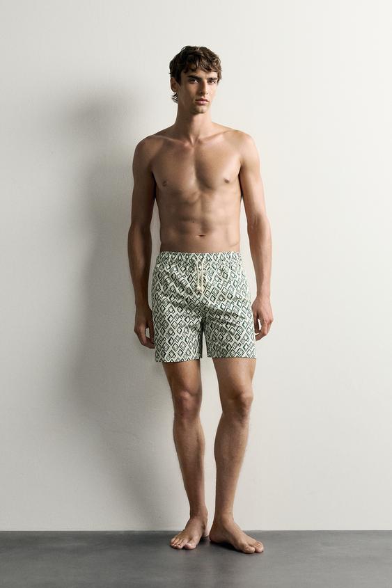 GEOMETRIC PRINT LONG SWIMMING TRUNKS - Ecru by Zara - Image 0