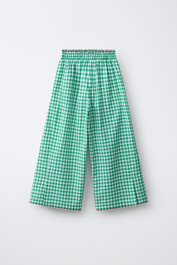WIDE-LEG GINGHAM TROUSERS - White / Green by Zara - Image 0