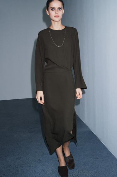ZW COLLECTION PLEATED MIDI DRESS - DARK KHAKI by Zara