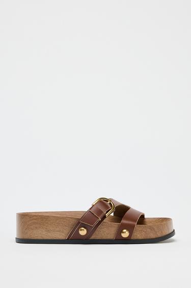 LEATHER STRAPPY PLATFORM SANDALS - Brown by Zara