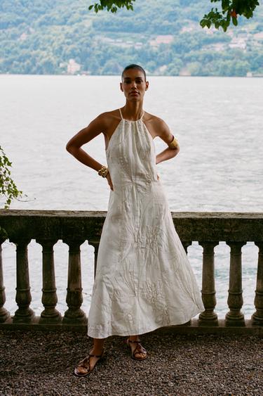 HALTER DRESS WITH FLORAL EMBROIDERY - Golden by Zara