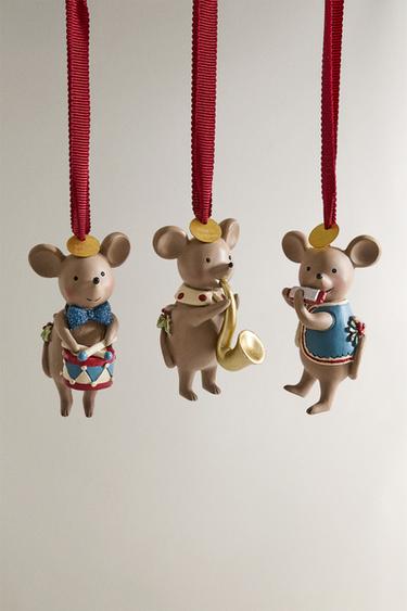 PACK OF MUSICAL MOUSE CHRISTMAS TREE DECORATIONS (PACK OF 3) - Multicoloured by Zara