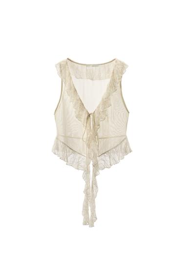 TOP WITH LACE AND RUFFLES - Ecru by Zara