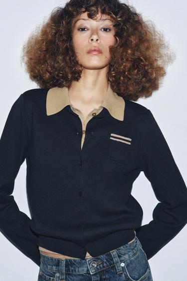 CONTRAST DOUBLE-LAYER KNIT POLO JACKET - Navy blue by Zara