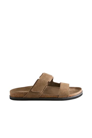 SPLIT LEATHER DOUBLE-STRAP SANDALS - Brown by Zara