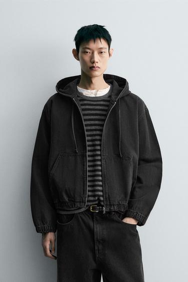 EMBROIDERED HOODIE DENIM JACKET - Charcoal by Zara