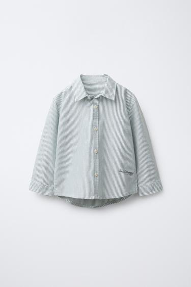 STRIPED SHIRT WITH EMBROIDERED SLOGAN - Green by Zara - Image 0