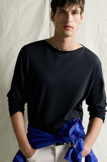 REGULAR FIT BOAT NECK T-SHIRT - Dark navy by Zara