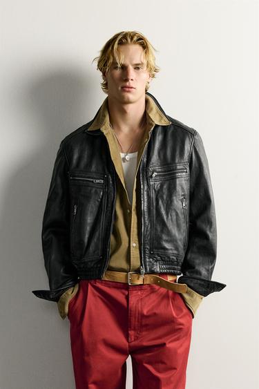 WASHED LEATHER CROPPED FIT JACKET - Black by Zara