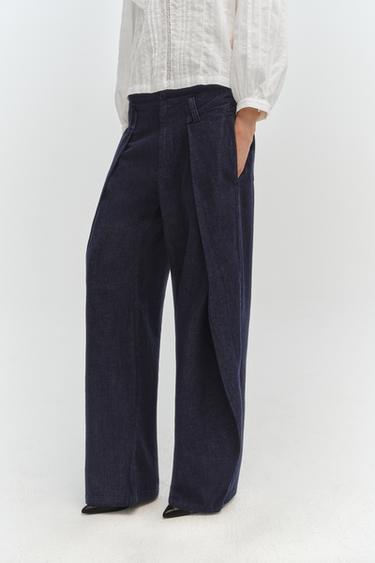 PLEATED DENIM-EFFECT TROUSERS - Dark indigo by Zara