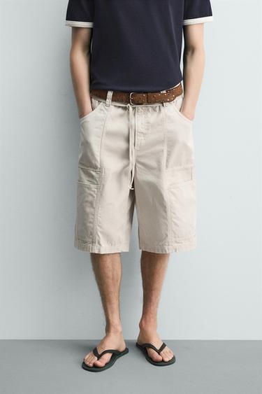 BELTED BAGGY FIT BERMUDA SHORTS - Stone by Zara