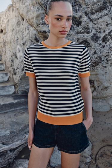 STRIPED KNIT TOP - white-orange by Zara