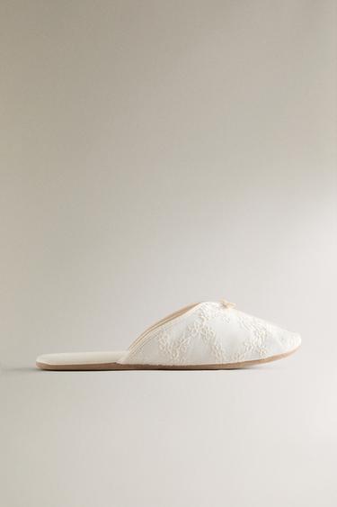 FLORAL SLIPPERS WITH BOW DETAIL AND LEATHER SOLE - Beige by Zara