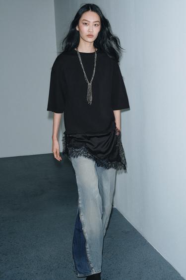 LACE COMBINED T-SHIRT - Black by Zara