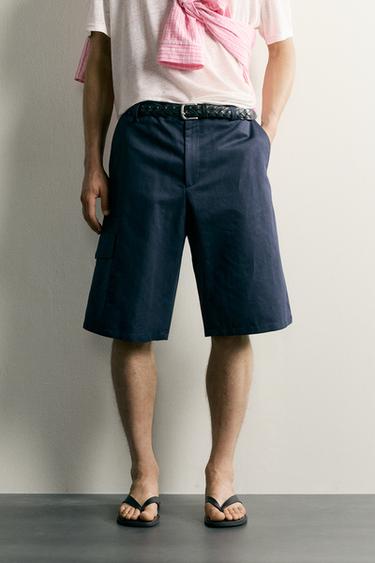 COTTON-LINEN RELAXED FIT CARGO BERMUDA SHORTS - Blue / Navy by Zara