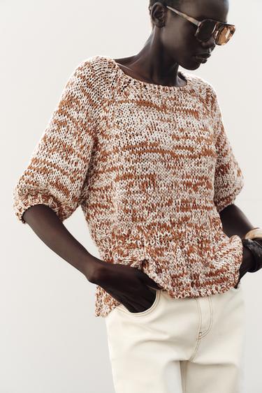 COMBINED KNIT PEPLUM TOP - CAMEL/WHITE  by Zara