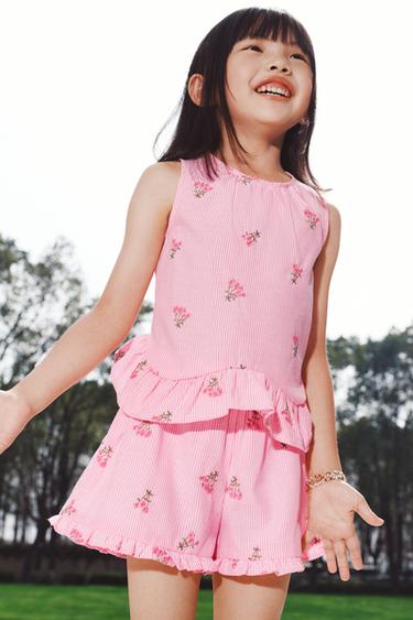 STRIPED TOP WITH FLORAL EMBROIDERY - Pink by Zara